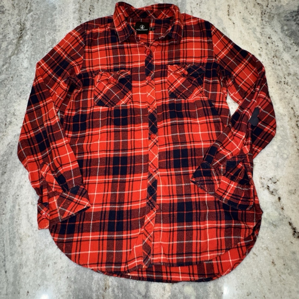 Volcom Women Small Red Plaid Shirt Button Down Skater Grunge Long Sleeve Flannel